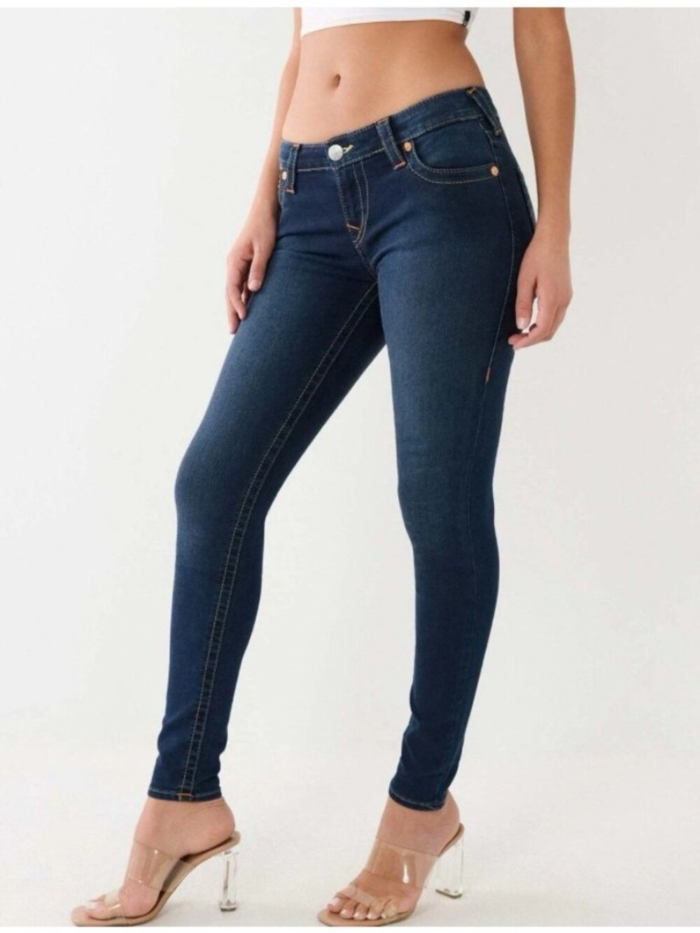 True Religion Halle Mid Rise Super Skinny Blue Jeans Womens 24 Big T Stitching